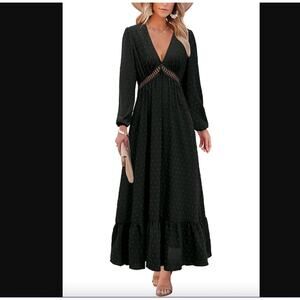 NWT NEW Black Maxi Dress Swiss Dot V Neck Dress Flowy Boho‎ Long Sleeve